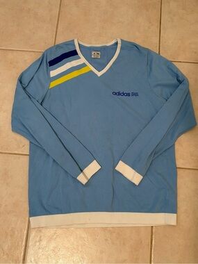 adidas Men’s Sky Blue V-Neck Sweater with Navy, White & Yellow Stripes